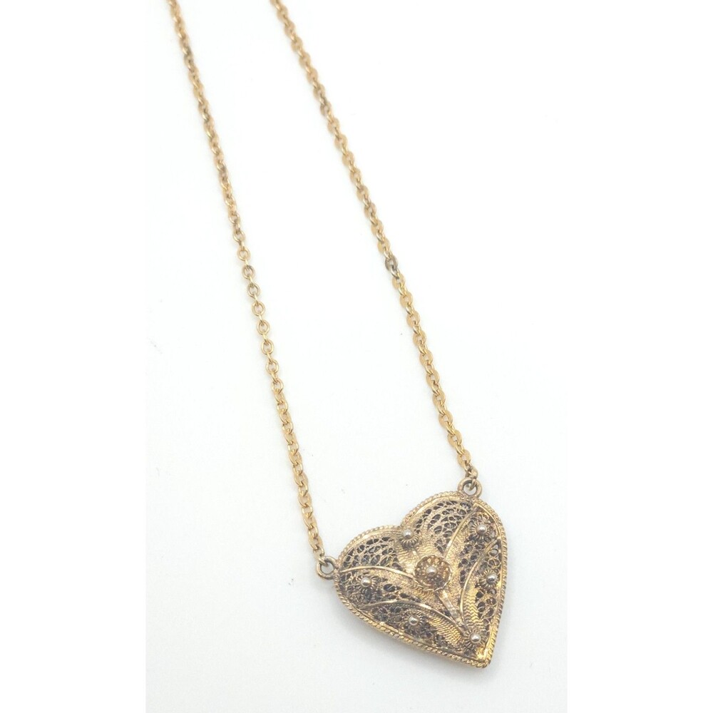 Signed Van Lou Vintage Ornate Sterling Heart Necklace Filigree Lace Metalwork